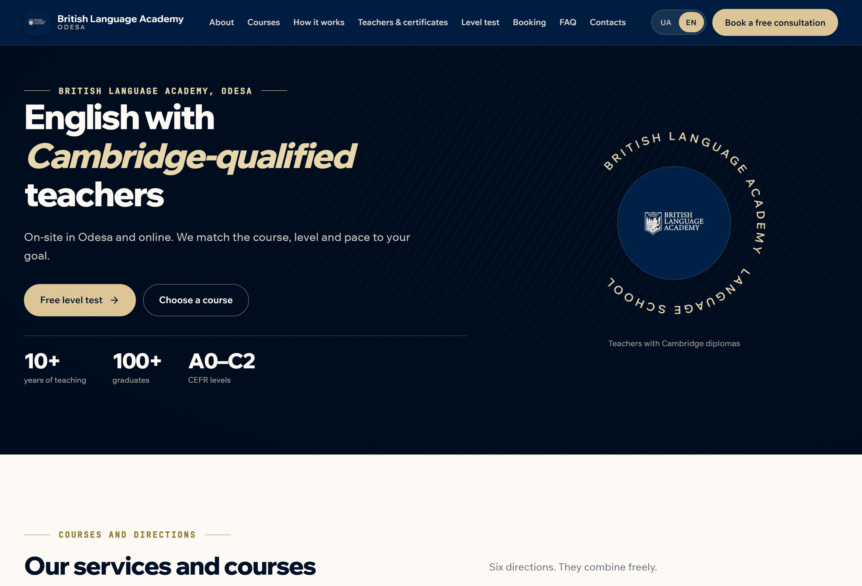 British Language Academy, the English version of the site